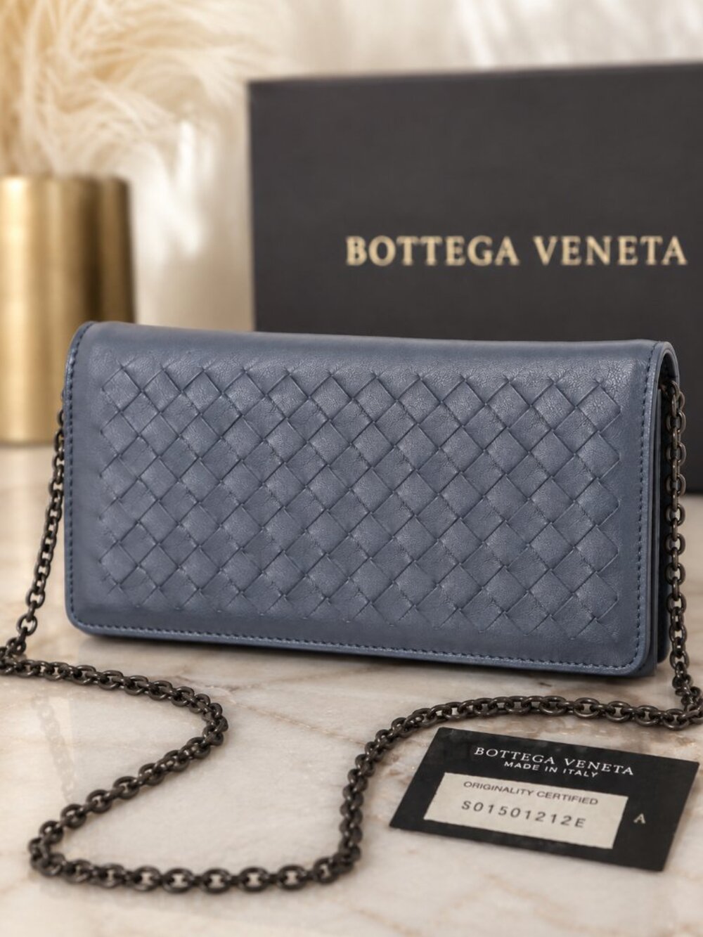 Bottega Veneta Intrecciato Leather Wallet on Chain Blue Crossbody Clutch